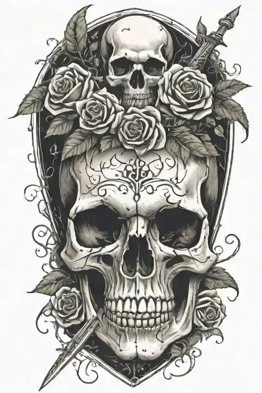realistic design of skulls placed in a rose bed and a long sword piercing the skull from above tattoo design idea