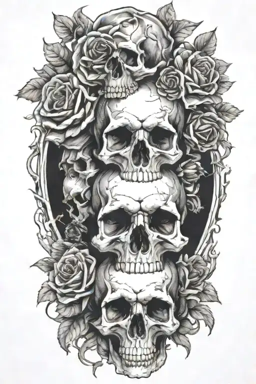 realistic design of 3 skulls placed side by side in a bed of roses.  tattoo design idea