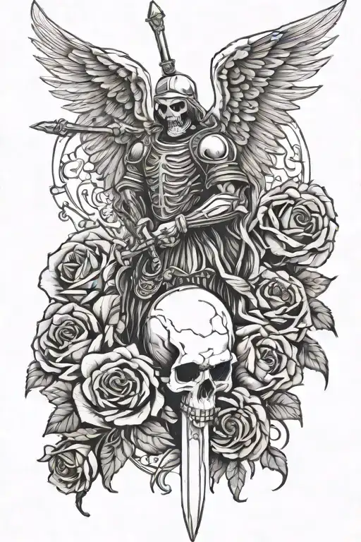 angel of death with sword stabbing a skull surrounded by roses tattoo design idea