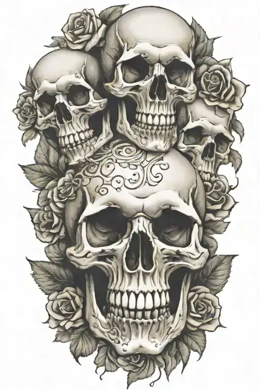 realistic design of three skulls placed side by side horizontally in a bed of roses.  tattoo design idea