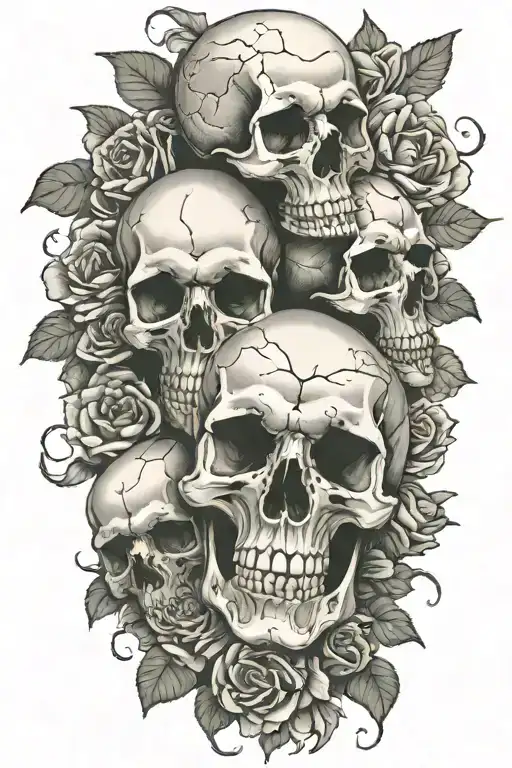 realistic design of 3 skulls placed side by side horizontally in a bed of roses.  tattoo design idea
