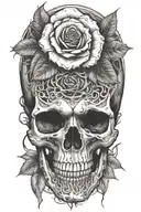realistic design of a skull with a rose growing from its eye socket & around it , symbolizing life and death intertwined tattoo design idea