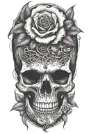 realistic design of a skull with a rose growing from its eye socket & around it , symbolizing life and death intertwined tattoo design idea