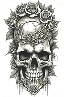 realistic design of a large cracked skull surrounded by smaller skulls placed side by side in a bed of roses.  tattoo design idea