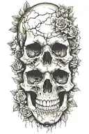 realistic design of a large cracked skull surrounded by smaller skulls placed side by side in a bed of roses.  tattoo design idea