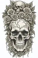 realistic design of a large cracked skull surrounded by smaller skulls placed side by side in a bed of roses.  tattoo design idea