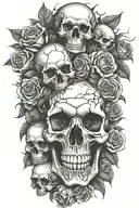realistic design of a large cracked skull surrounded by smaller skulls placed side by side in a bed of roses.  tattoo design idea