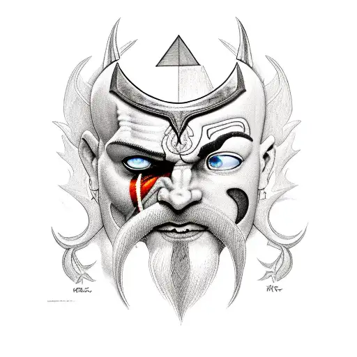 A realistic portrait of Kratos holding the Blade of Chaos with determination tattoo design idea