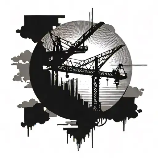 An intricate blackwork tattoo of a construction crane reaching up towards a shining sun, symbolizing the client's dedication to their work and faith in a higher power tattoo design idea