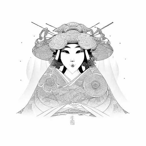 A dotwork design of a traditional Japanese geisha tattoo design idea