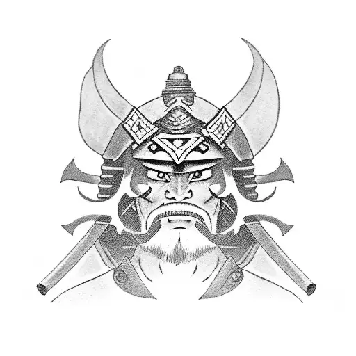A black-grey tattoo of a samurai warrior with an ambigram of strength in Japanese tattoo design idea