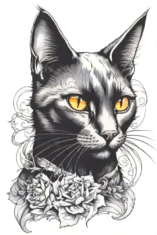 witchy black cat with fiery orange eyes tattoo design idea