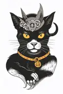 witchy black cat with moonglow orange eyes, a witches hat and a collar with a zodiac sign for Scorpio. celestial backgro tattoo design idea