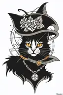 witchy black cat with moonglow orange eyes, a witches hat and a collar with a zodiac sign for Scorpio. celestial backgro tattoo design idea