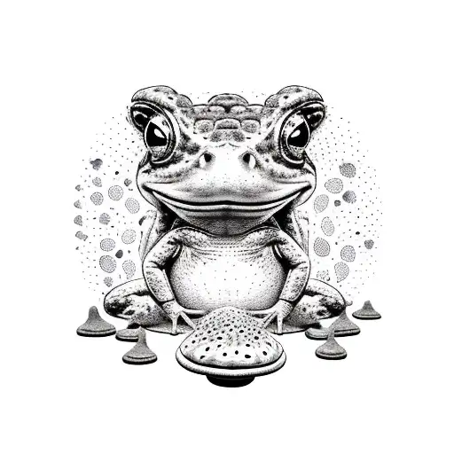 meditating toad with mushrooms surrounding him.  tattoo design idea