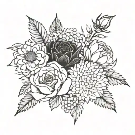 create a tattoo with 3 flowers, rose, Chrysanthemum and aster tattoo design idea