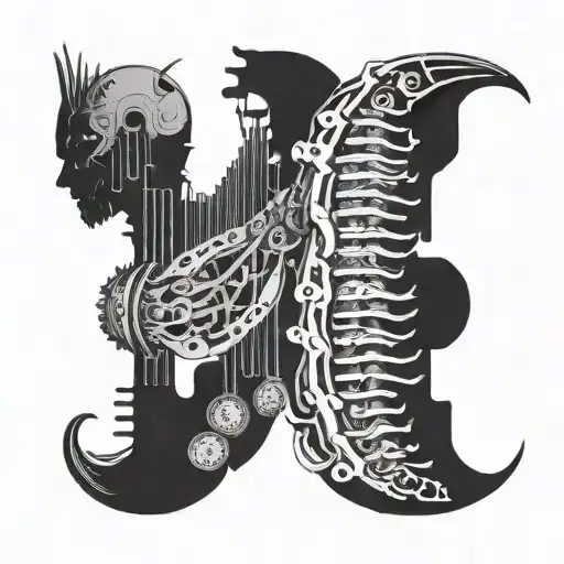 A biomechanical spine intertwined with circuitry elements tattoo design idea