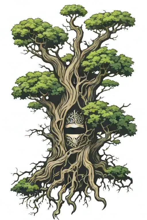 Central Tree (TREE): This will be the main element, symbolizing growth, strength, and your connection to roots.  Masks:  tattoo design idea