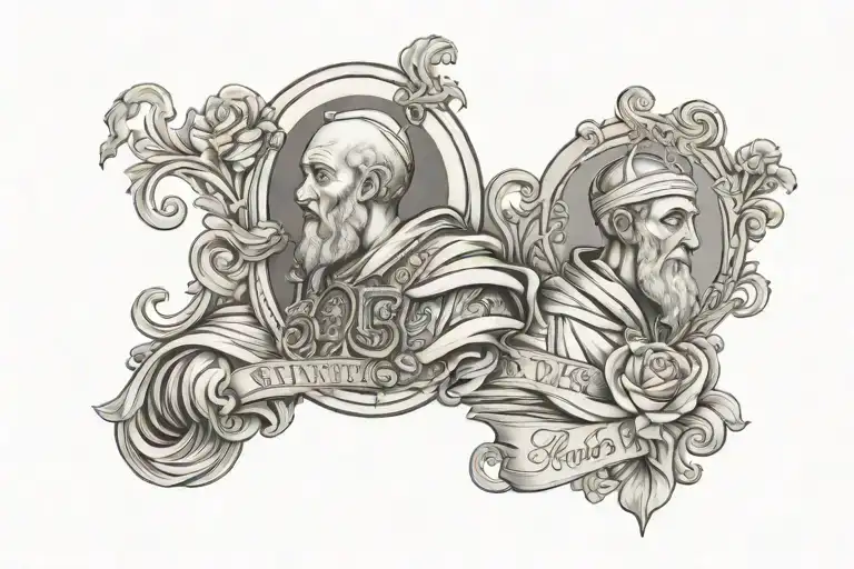 tattoo sleeve with Saint Peter and Saint Paul with the date 08/27/2021. also include the name Nora with the date 5/23/24 tattoo design idea