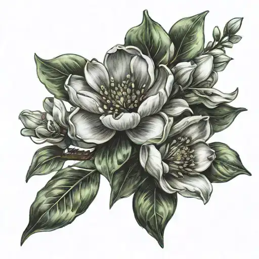 Jade magnolias blooming,  red deer tattoo design idea