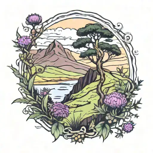 Scotland landscape featuring the Quiraing, thistles, tree  tattoo design idea