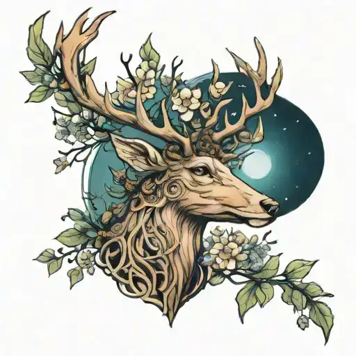 Gaia goddess rooted tree deer tattoo design idea
