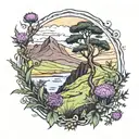 Scotland landscape featuring the Quiraing, thistles, tree  tattoo design idea