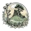 Scotland landscape featuring the Quiraing, thistles, tree  tattoo design idea