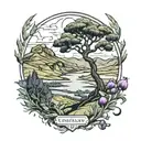 Scotland landscape featuring the Quiraing, thistles, tree  tattoo design idea