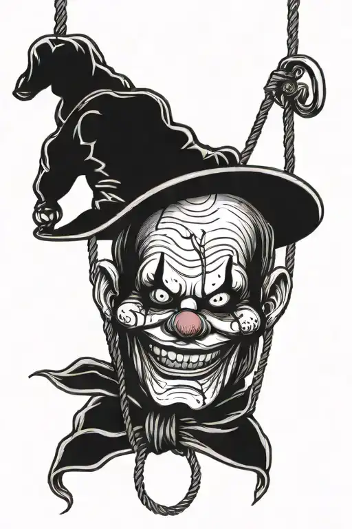 noose around a crying laughing clown tattoo design idea