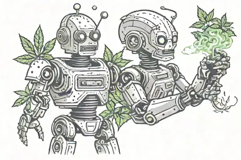 A robot and an alien fighting while smoking marijuana tattoo design idea