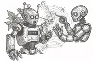 A robot and an alien fighting while smoking marijuana tattoo design idea