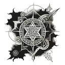 A yantra mandala incorporating elements of the moon and sun, with a trident and Sudarshan Chakra hidden within the design tattoo design idea