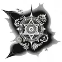 A yantra mandala incorporating elements of the moon and sun, with a trident and Sudarshan Chakra hidden within the design tattoo design idea