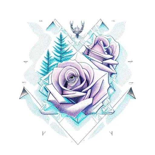 Roses, gemini constallation ocean mountains trees north arrow tattoo design idea