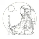minimalist line drawing of an astronaut in profile sitting on the edge of the full moon observing a chrysanthemum tattoo design idea