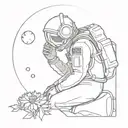 minimalist line drawing of an astronaut in profile sitting on the edge of the full moon observing a chrysanthemum tattoo design idea