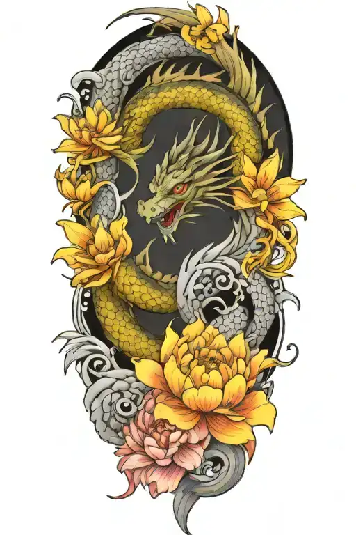 black and gray dragon tattoo with lotus and peony flowers tattoo design idea