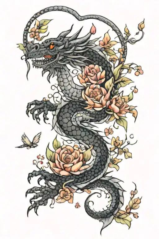 black and gray dragon tattoo with color flowers surrounding tattoo design idea