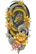 black and gray dragon tattoo with lotus and peony flowers tattoo design idea