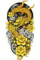 black and gray dragon tattoo with lotus and peony flowers tattoo design idea