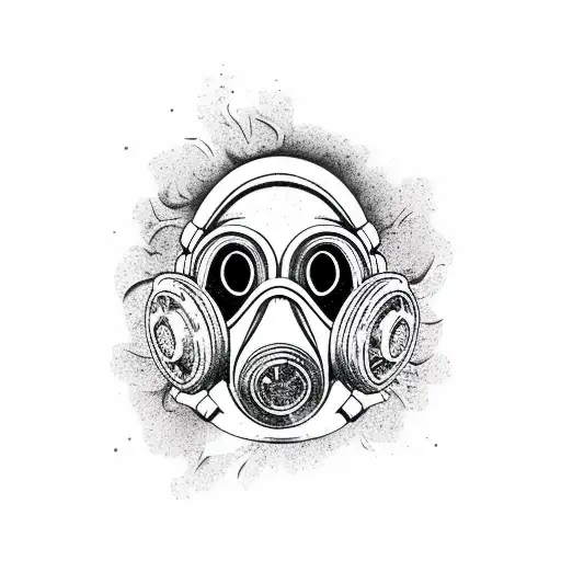 gas mask with a reflection of an atomic bomb explosion lying between flowers tattoo design idea