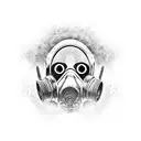 gas mask with a reflection of an atomic bomb explosion lying between flowers tattoo design idea