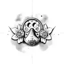 gas mask with a reflection of an atomic bomb explosion lying between flowers tattoo design idea