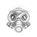 gas mask with a reflection of an atomic bomb explosion lying between flowers tattoo design idea