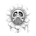 gas mask with a reflection of an atomic bomb explosion lying between flowers tattoo design idea