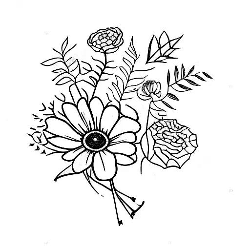 bouquet of birth flowers with names on stems.March Nancy, august Richard, September Nevaeh, October peyton, April Nora tattoo design idea