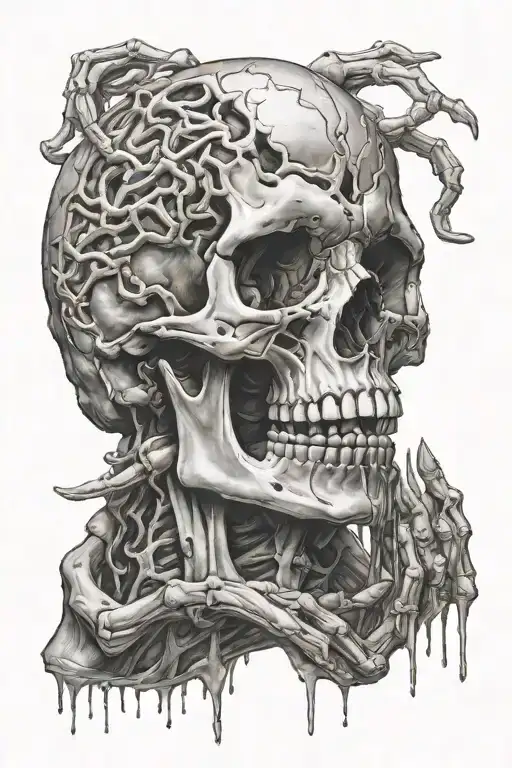 skull being ripped open showing the brain inside with hands holding the jaw.  tattoo design idea