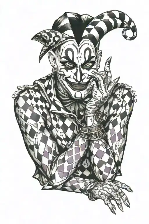 A harlequin covering his mouth with his hand, which is tattooed with a smile tattoo design idea