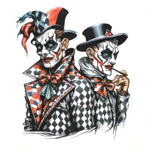 Two-faced Harlequin man, one sad, the other cheerful tattoo design idea